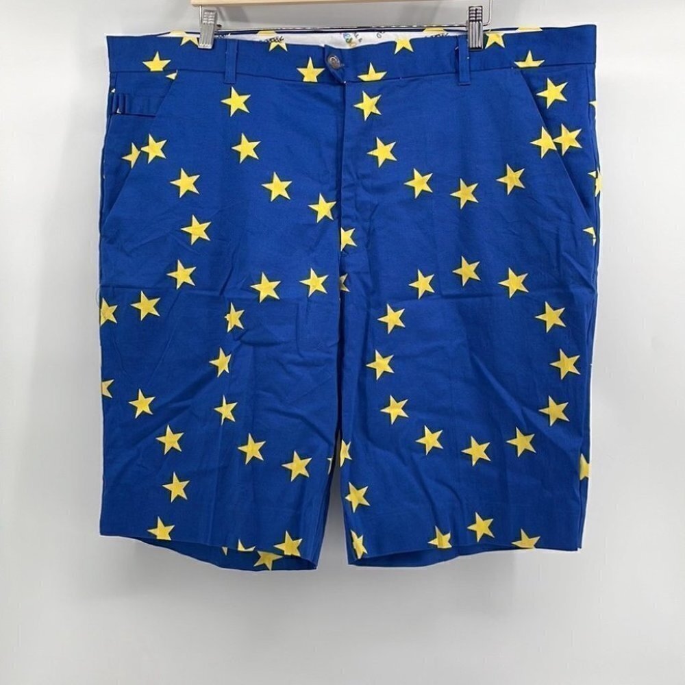 𝅺royal and Awesome novelty golf shorts blue stars tee pocket outdoors fun sz 44